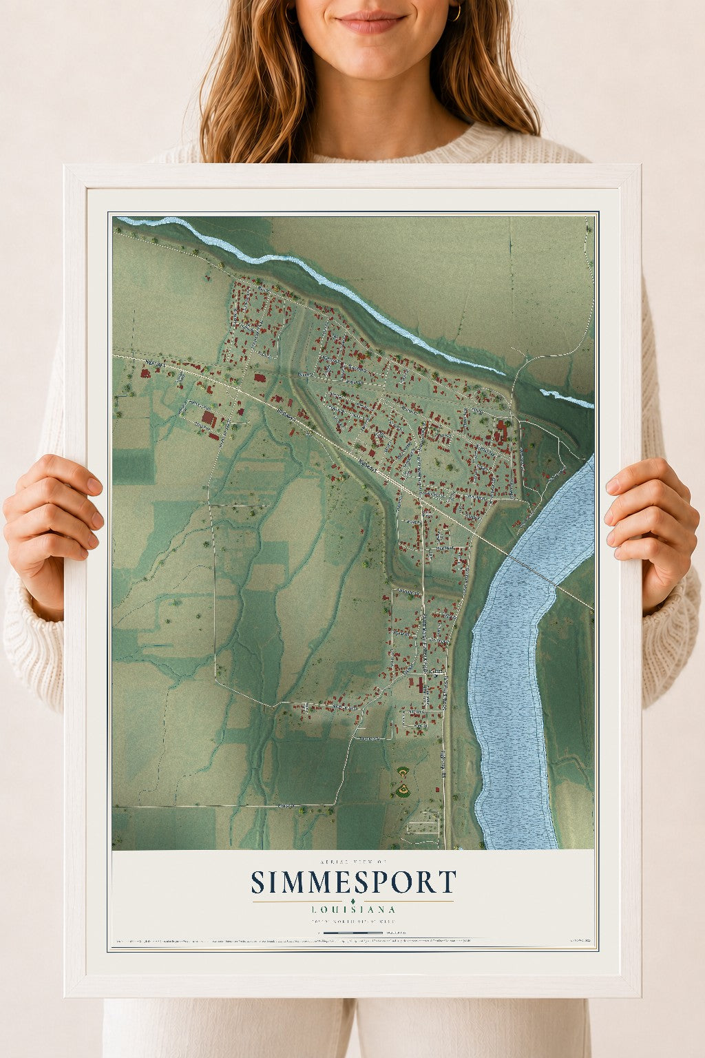 Map of Simmesport, Louisiana, 18 x 24 inch print in a white wood frame