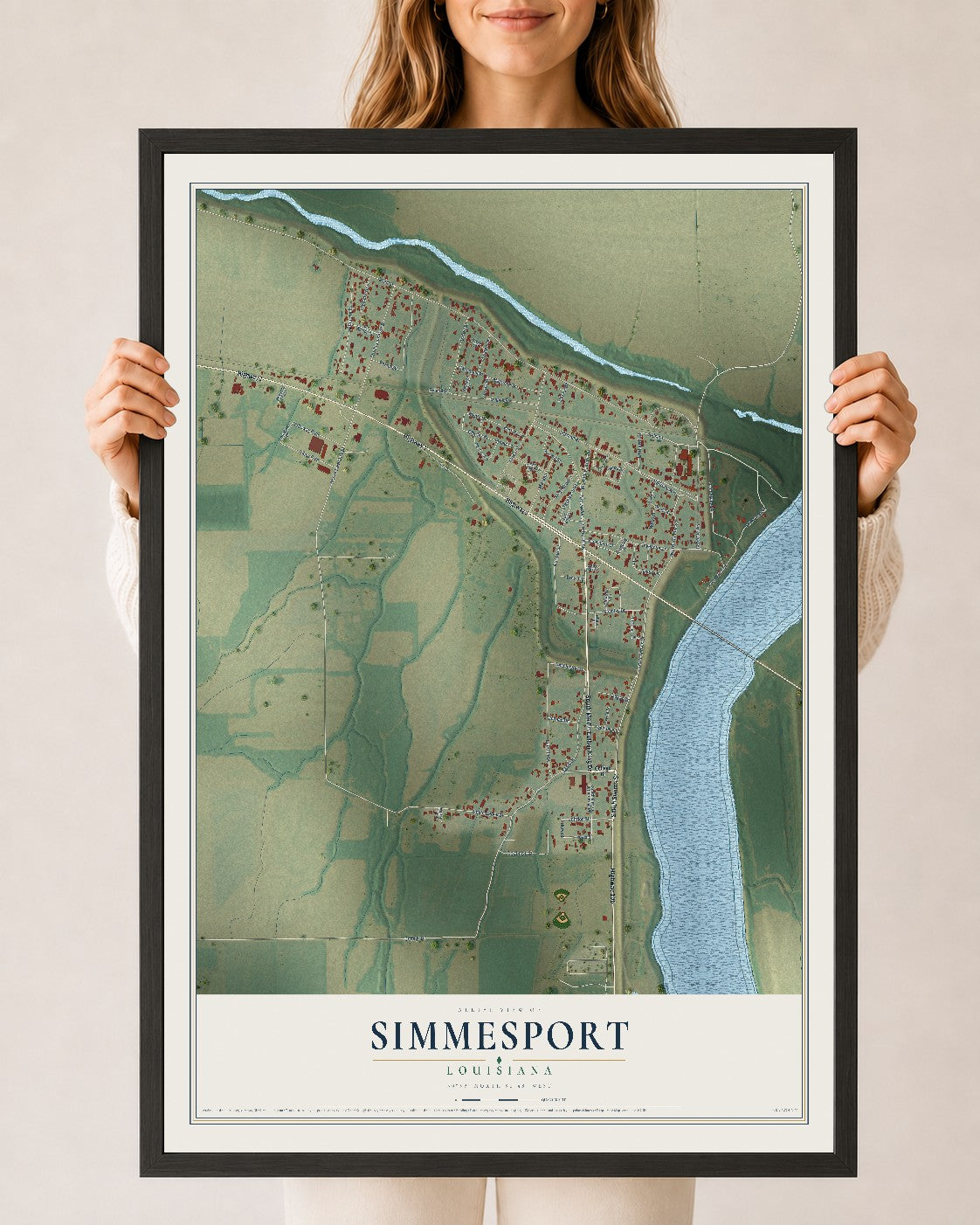 Map of Simmesport, Louisiana, 24 x 36 inch print in a black wood frame