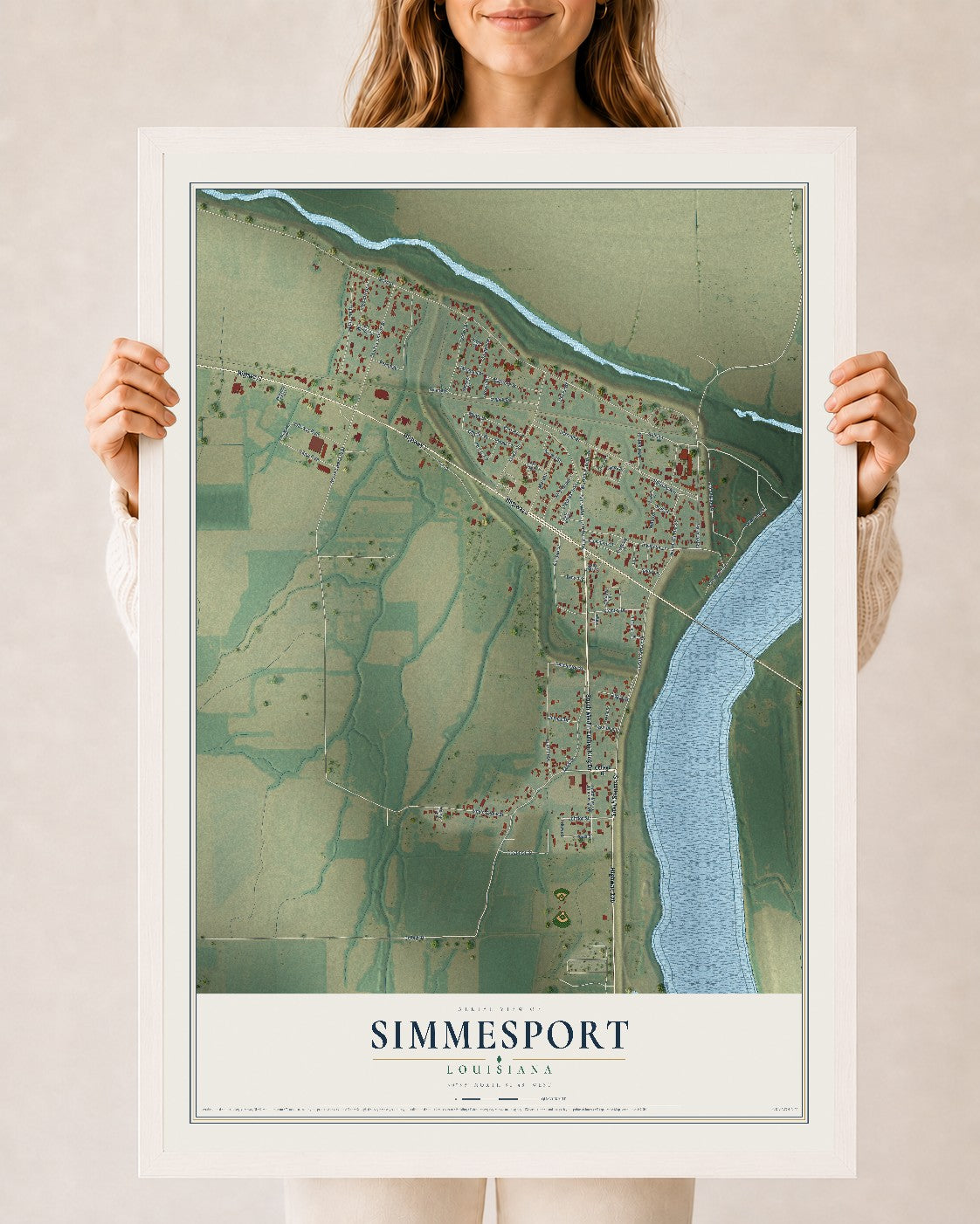Map of Simmesport, Louisiana, 24 x 36 inch print in a white wood frame
