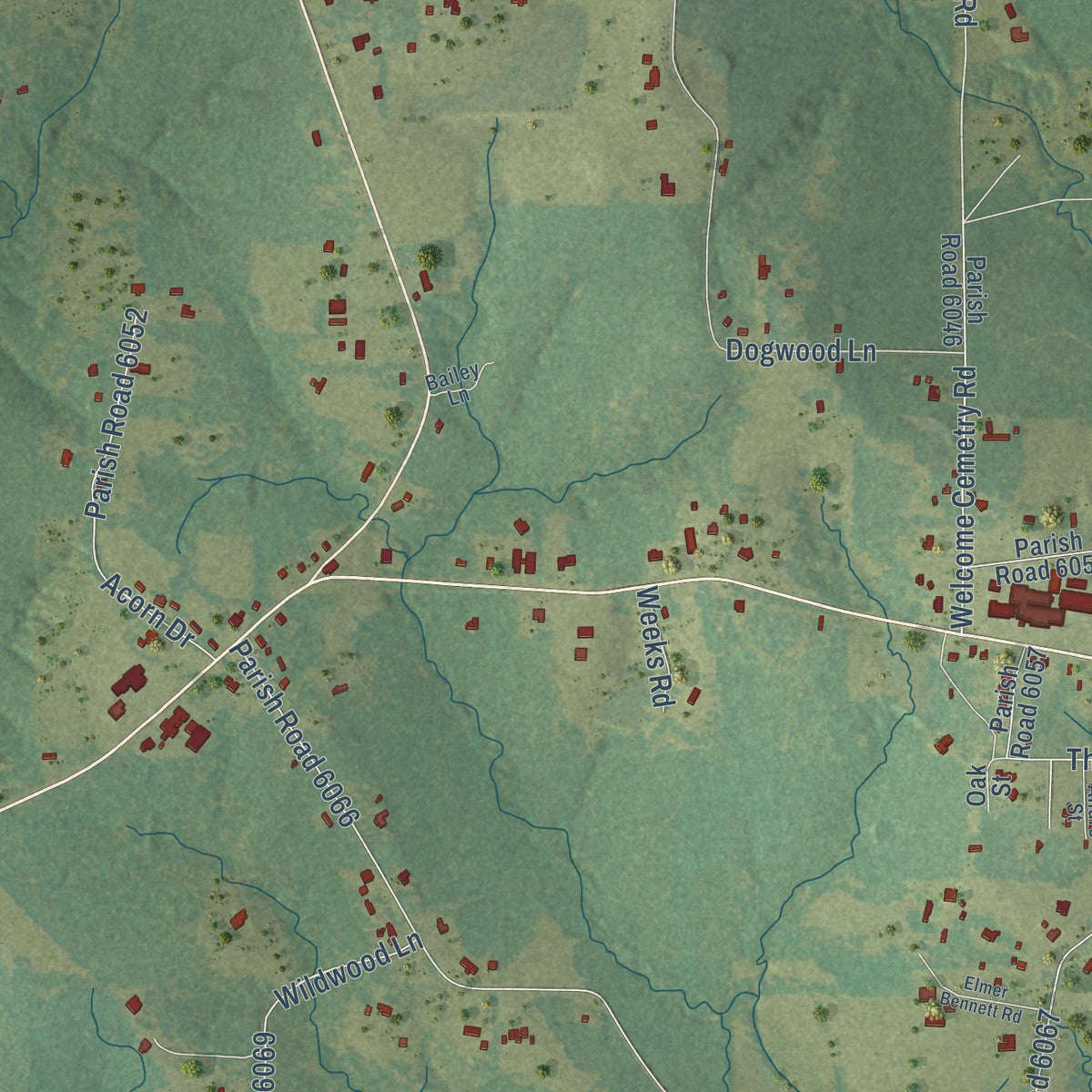 Close-up of the map of Simpson, Louisiana print showing street and building detail