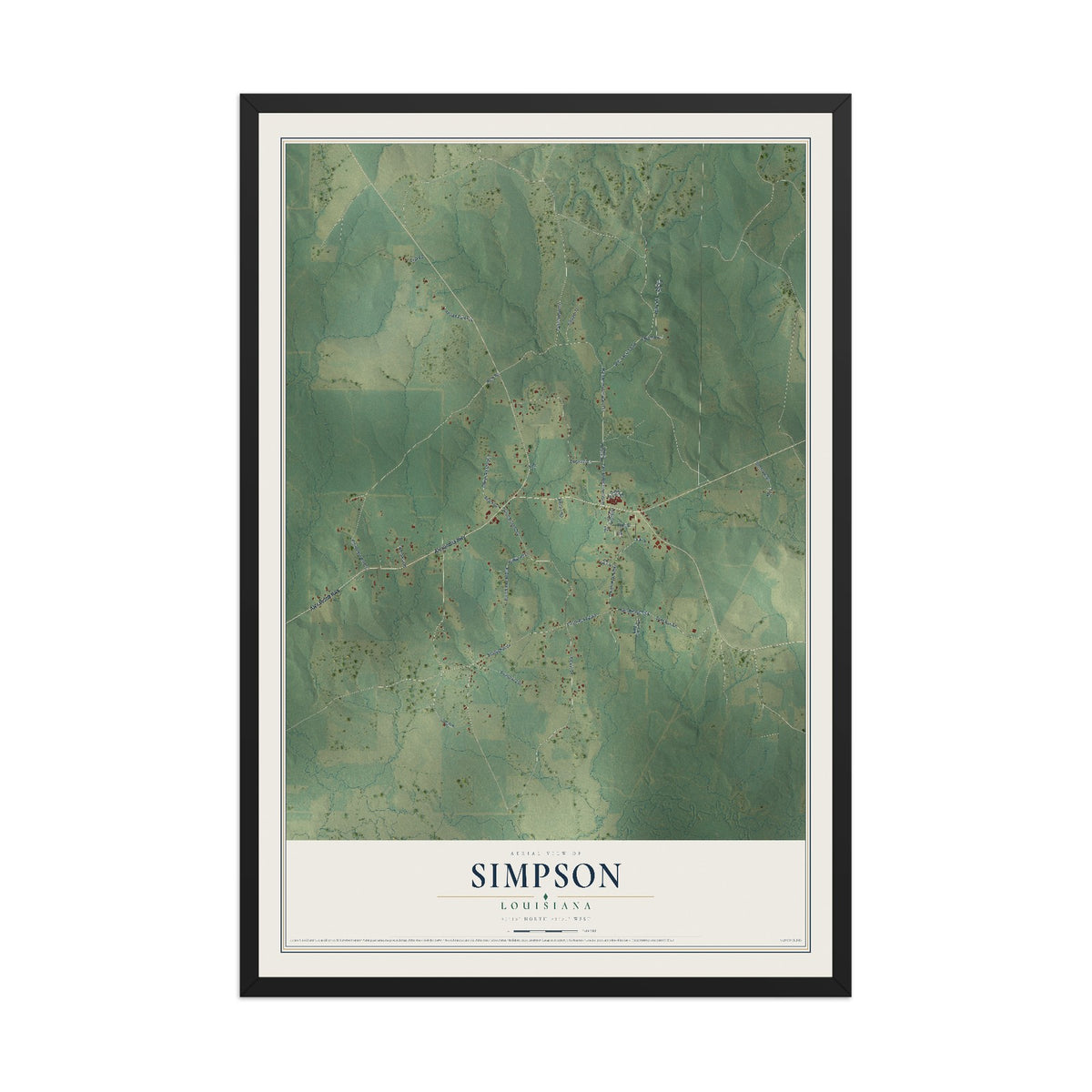 Map of Simpson, Louisiana, 12 x 18 inch print in a black wood frame