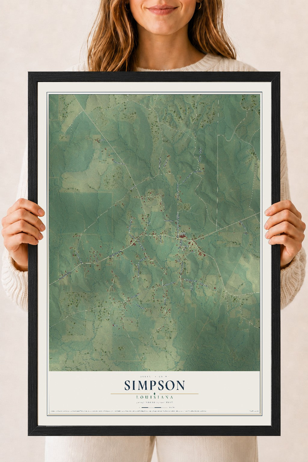 Map of Simpson, Louisiana, 18 x 24 inch print in a black wood frame