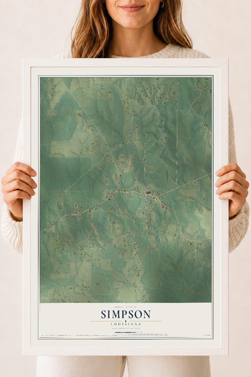Map of Simpson, Louisiana, 18 x 24 inch print in a white wood frame