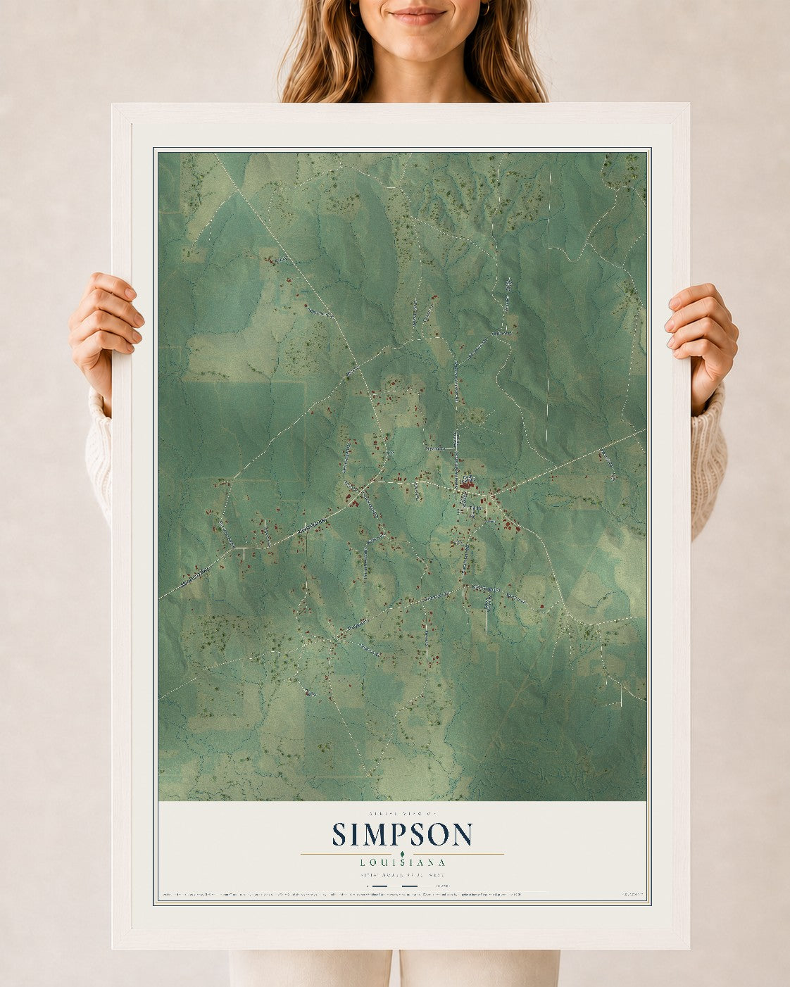 Map of Simpson, Louisiana, 24 x 36 inch print in a white wood frame