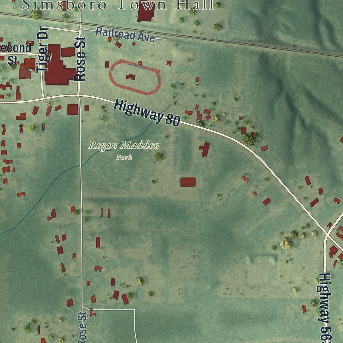 Second close-up of the map of Simsboro, Louisiana print showing more streets and buildings