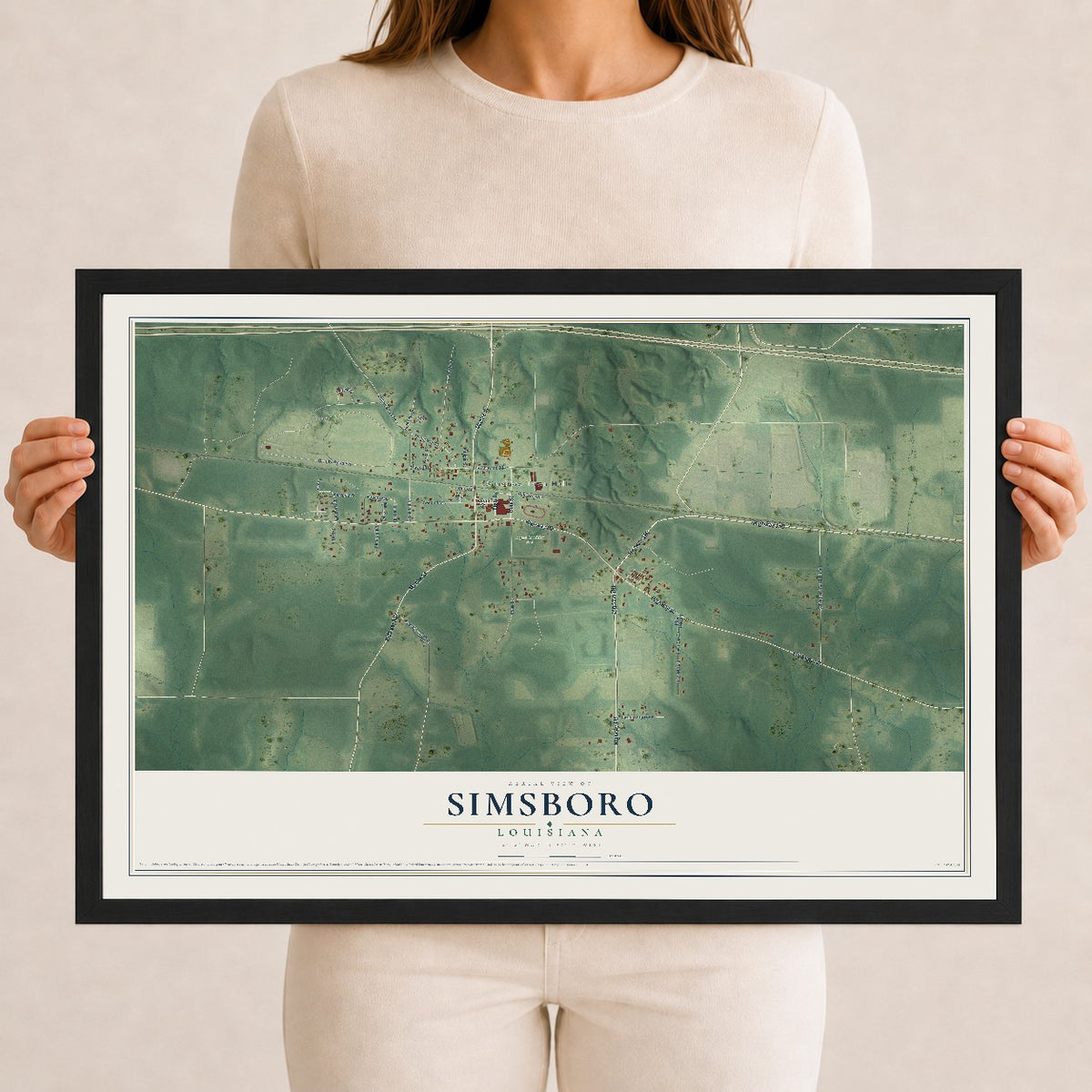 Map of Simsboro, Louisiana, 12 x 18 inch print in a black wood frame