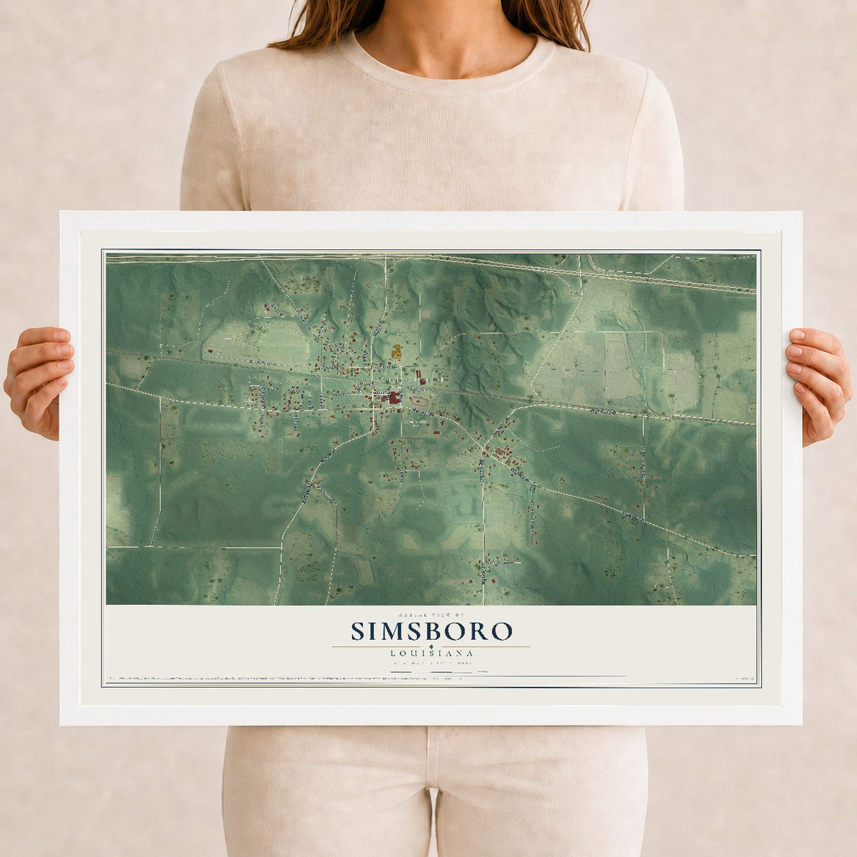 Map of Simsboro, Louisiana, 12 x 18 inch print in a white wood frame