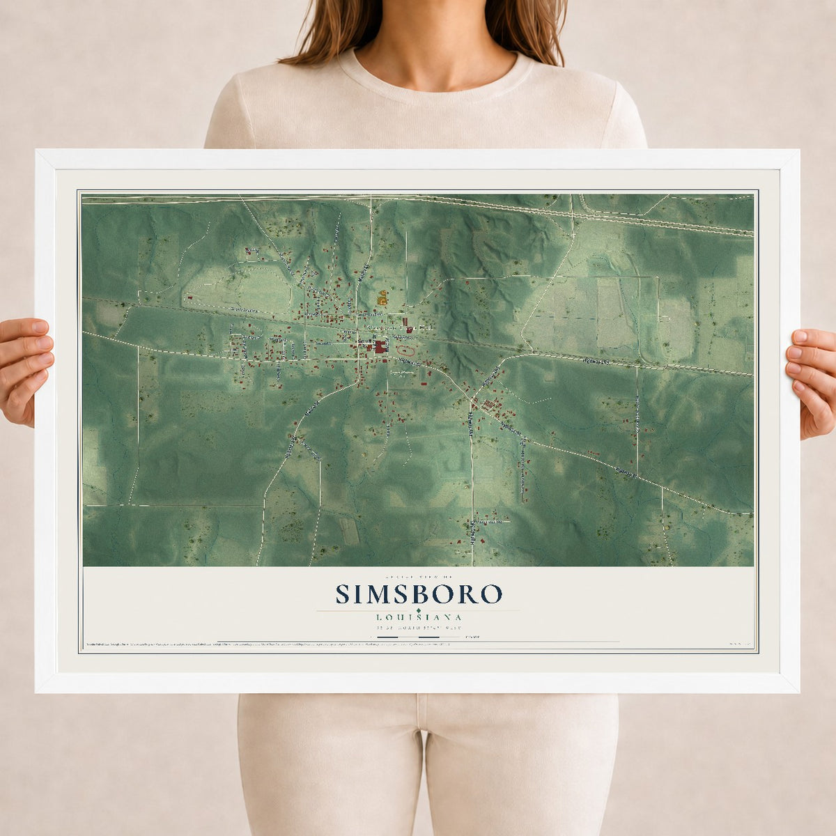 Map of Simsboro, Louisiana, 18 x 24 inch print in a white wood frame