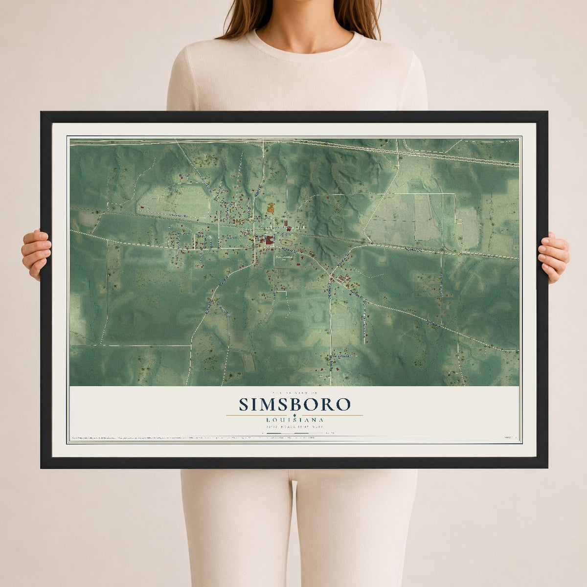 Map of Simsboro, Louisiana, 24 x 36 inch print in a black wood frame