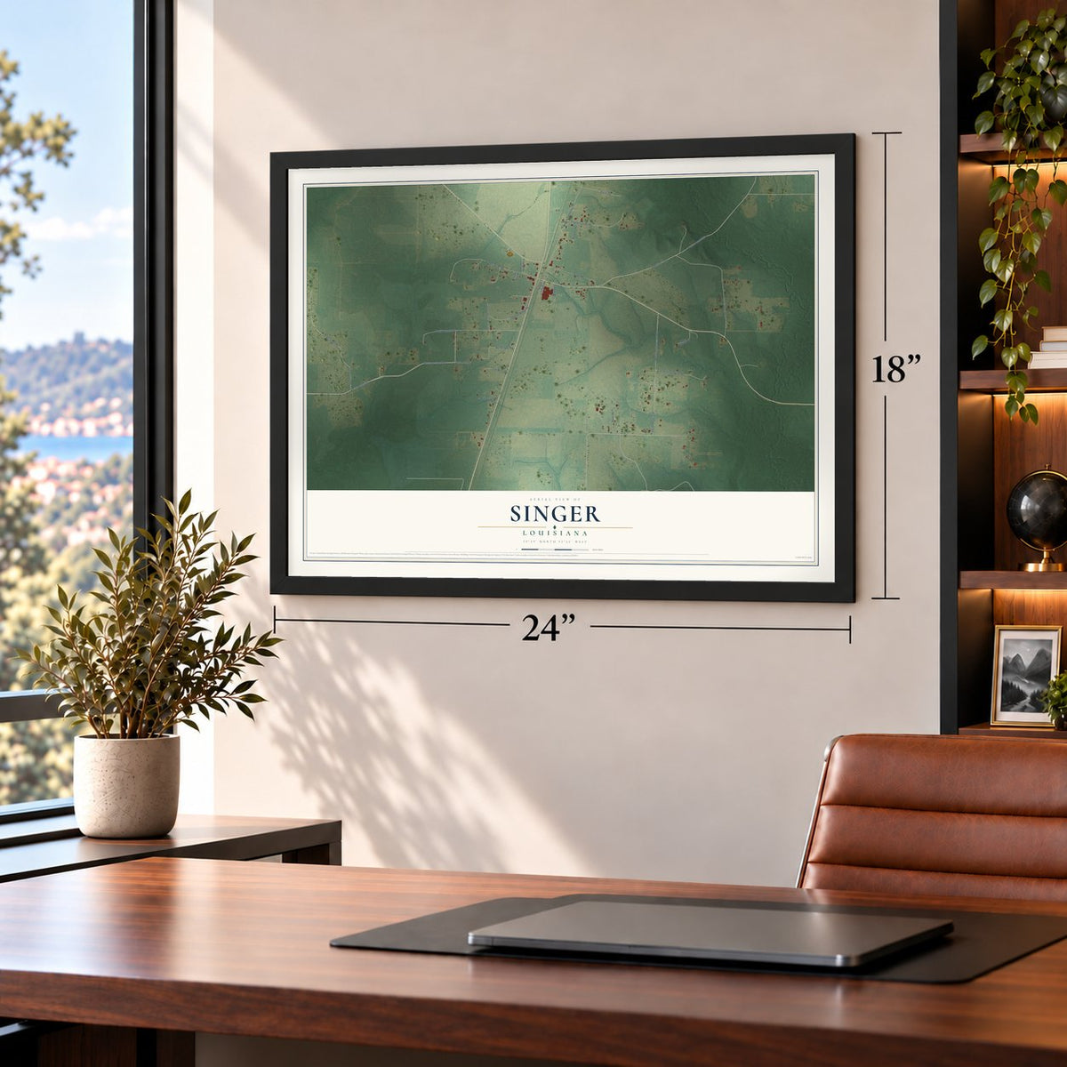 Singer, Louisiana map, 18 x 24 inch print in a black frame in a home office