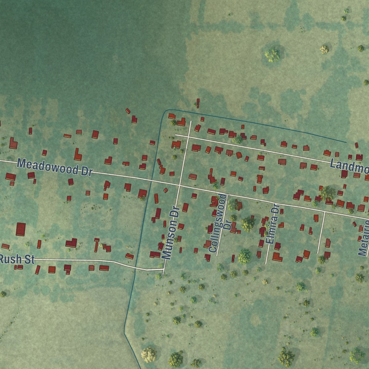 Second close-up of the map of Slaughter, Louisiana print showing more streets and buildings
