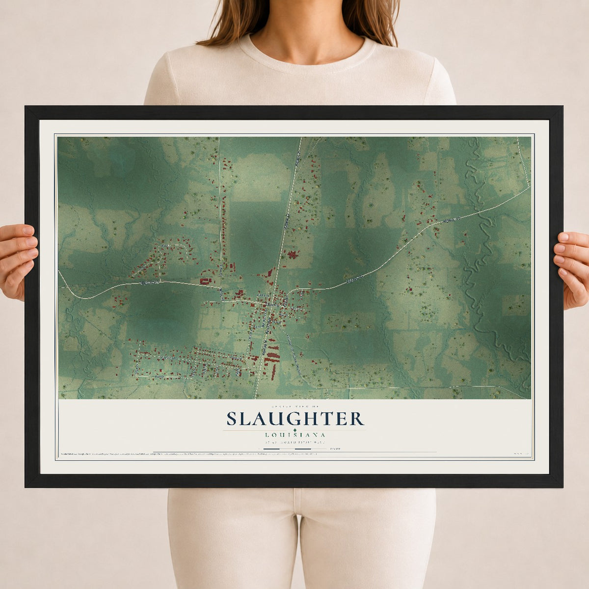 Map of Slaughter, Louisiana, 18 x 24 inch print in a black wood frame