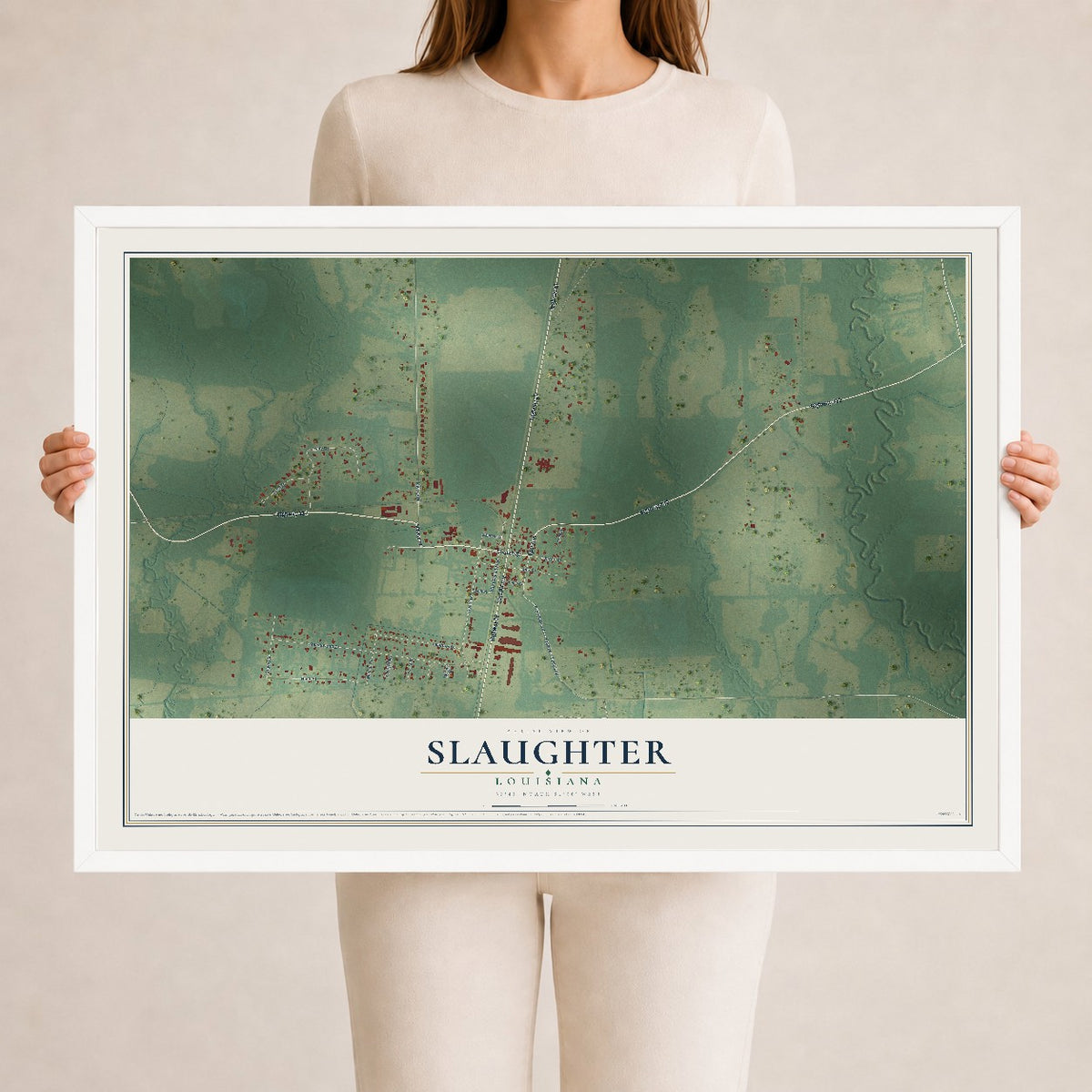 Map of Slaughter, Louisiana, 24 x 36 inch print in a white wood frame
