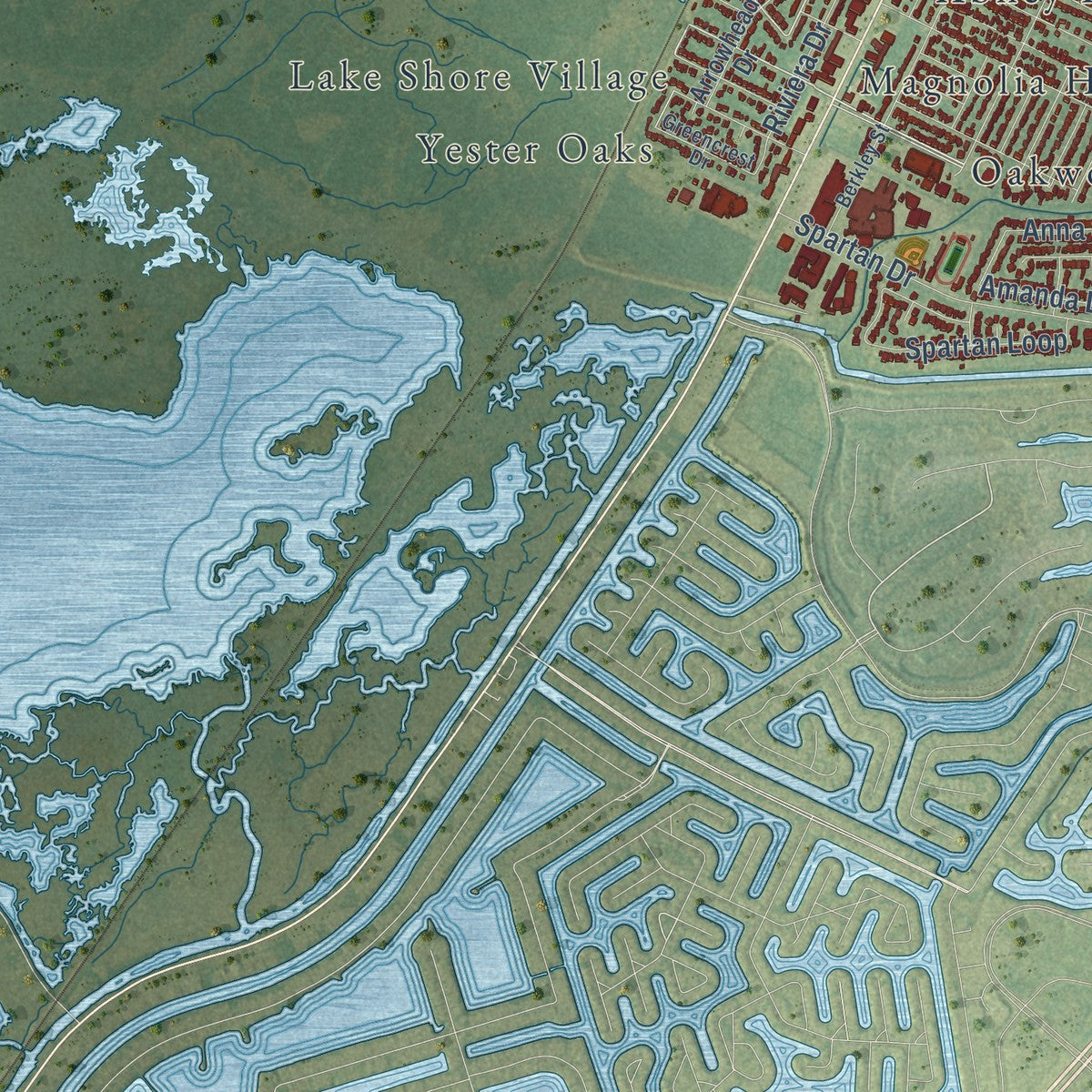 Second close-up of the map of Slidell, Louisiana print showing more streets and buildings