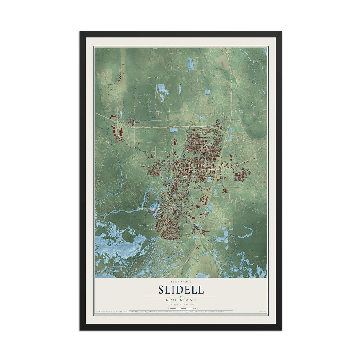 Map of Slidell, Louisiana, 12 x 18 inch print in a black wood frame