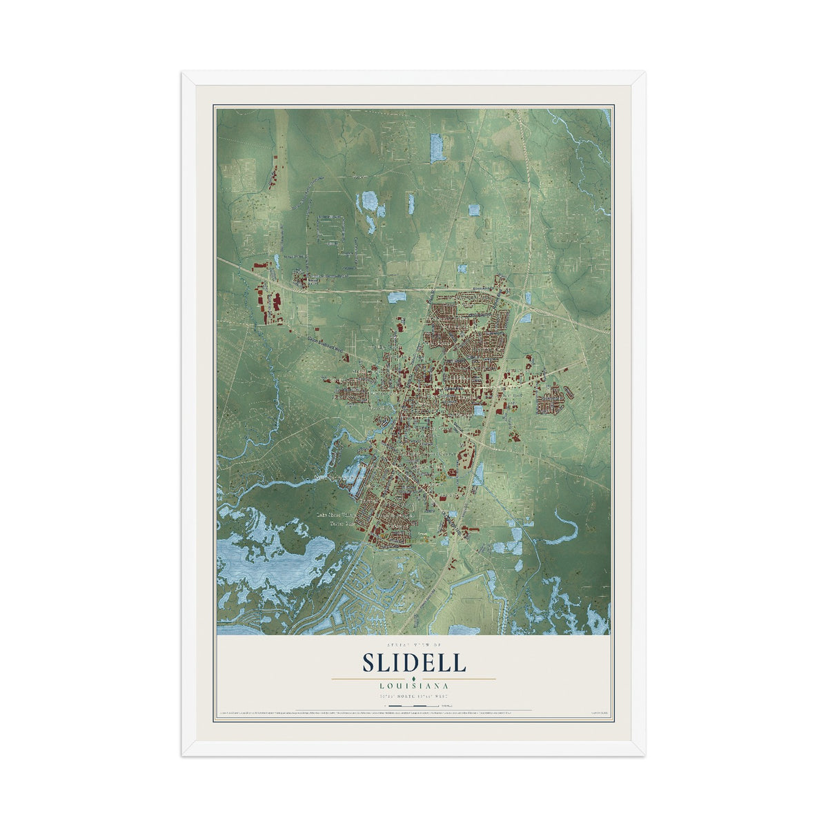 Map of Slidell, Louisiana, 12 x 18 inch print in a white wood frame
