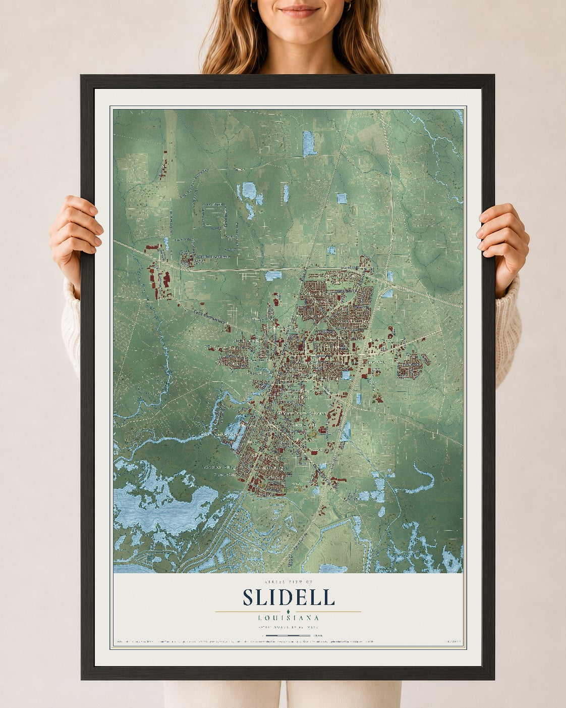 Map of Slidell, Louisiana, 24 x 36 inch print in a black wood frame