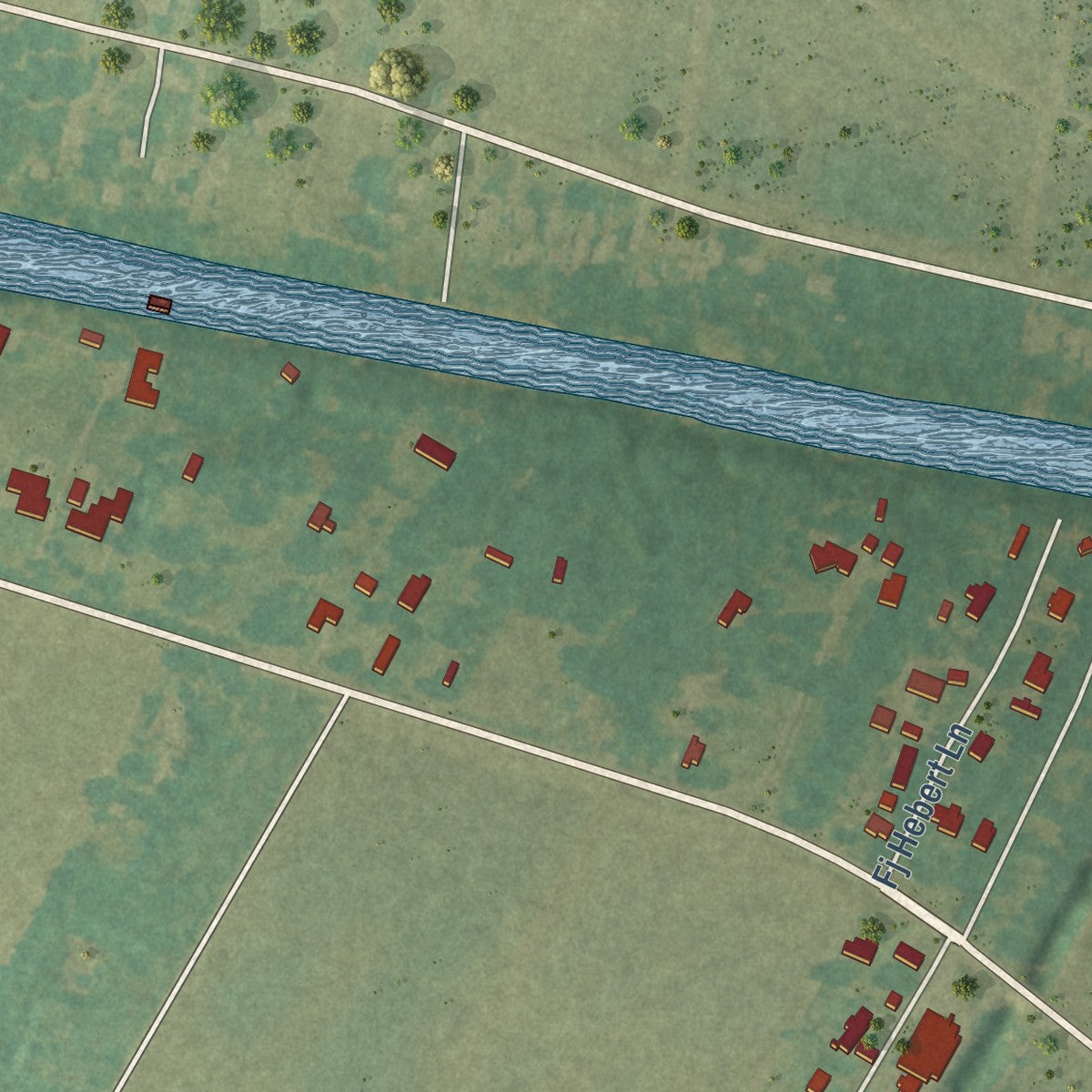 Close-up of the map of Sorrel, Louisiana print showing street and building detail