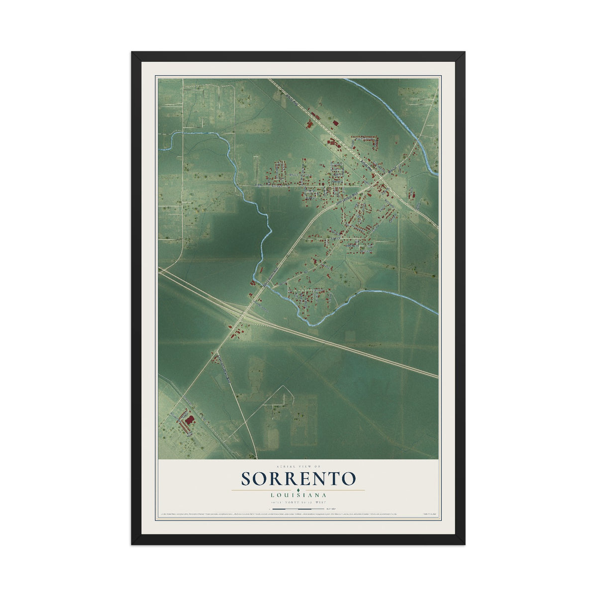 Map of Sorrento, Louisiana, 12 x 18 inch print in a black wood frame