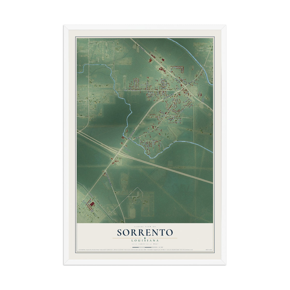 Map of Sorrento, Louisiana, 12 x 18 inch print in a white wood frame