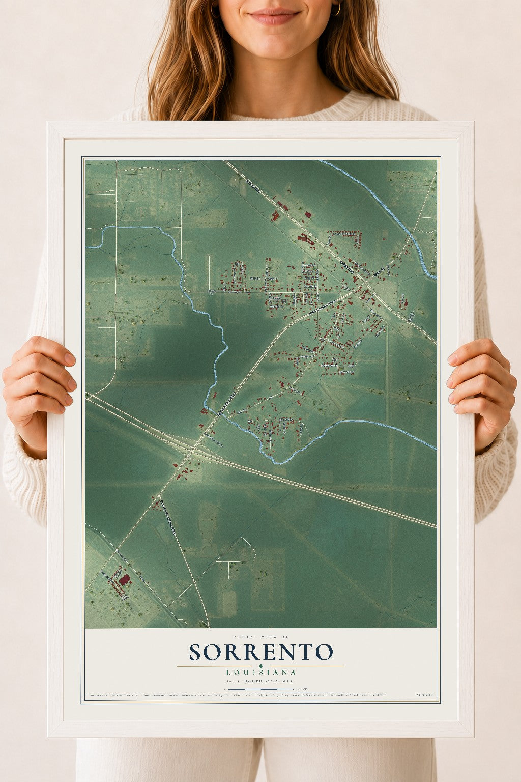Map of Sorrento, Louisiana, 18 x 24 inch print in a white wood frame