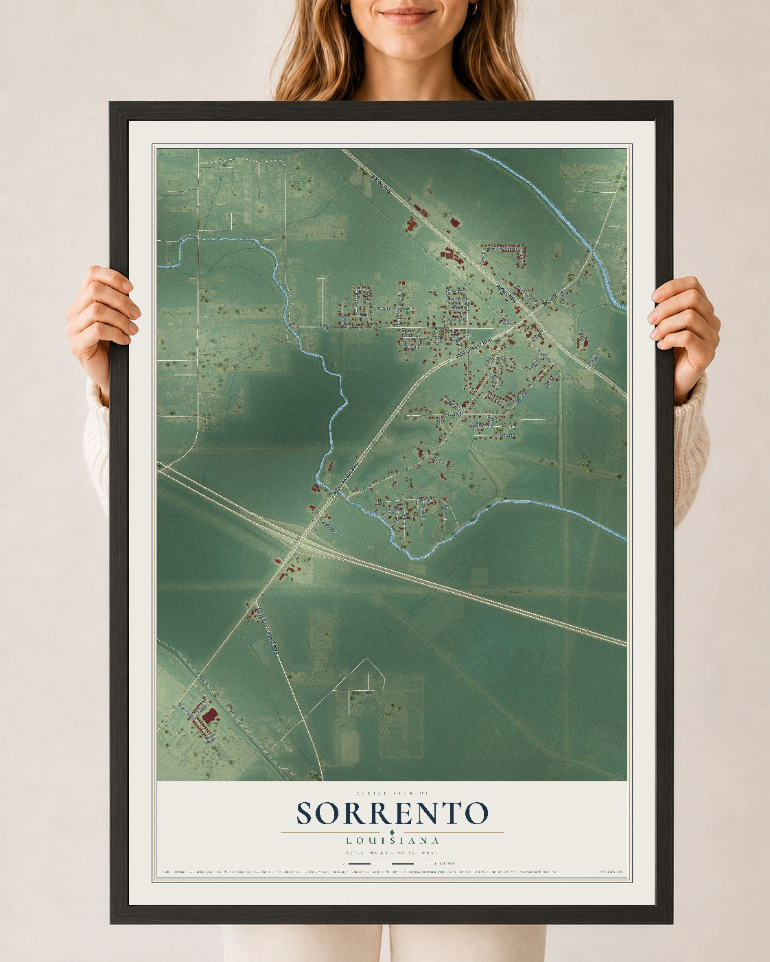 Map of Sorrento, Louisiana, 24 x 36 inch print in a black wood frame