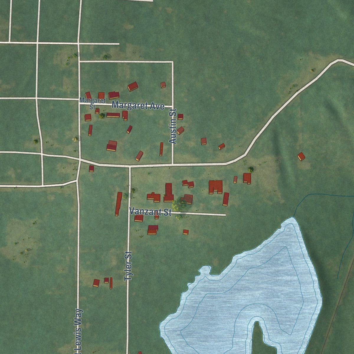 Second close-up of the map of South Mansfield, Louisiana print showing more streets and buildings