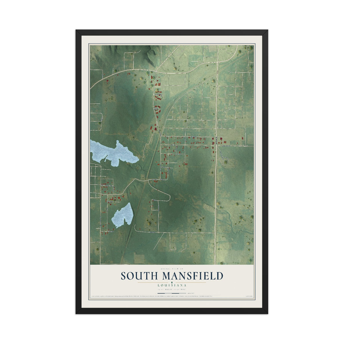 Map of South Mansfield, Louisiana, 12 x 18 inch print in a black wood frame
