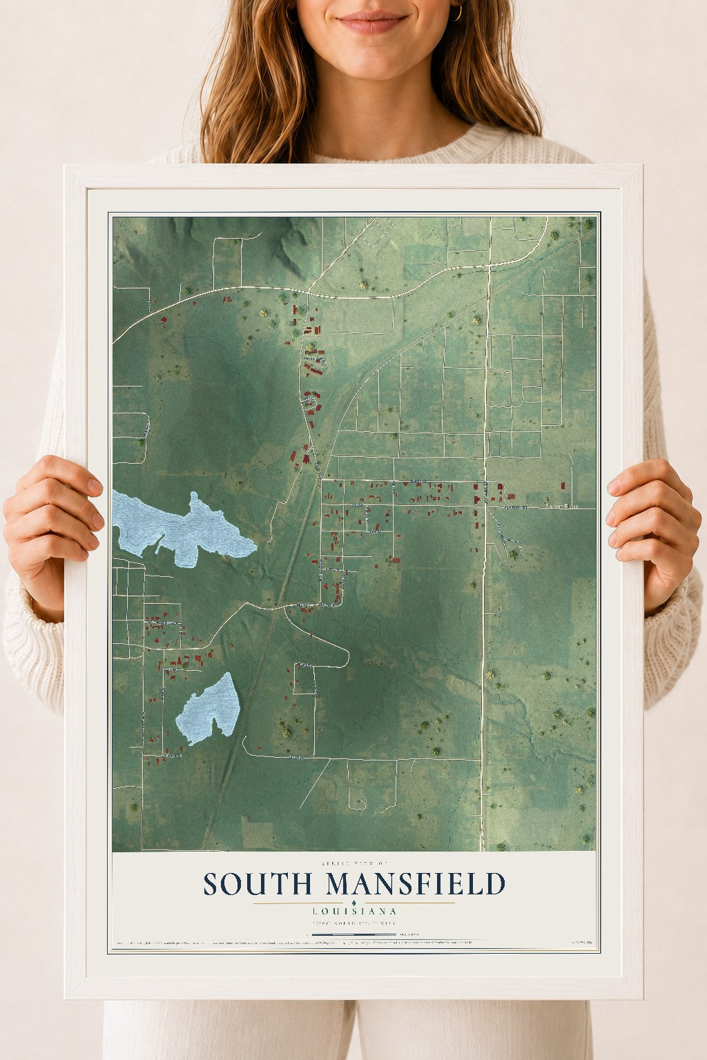 Map of South Mansfield, Louisiana, 18 x 24 inch print in a white wood frame