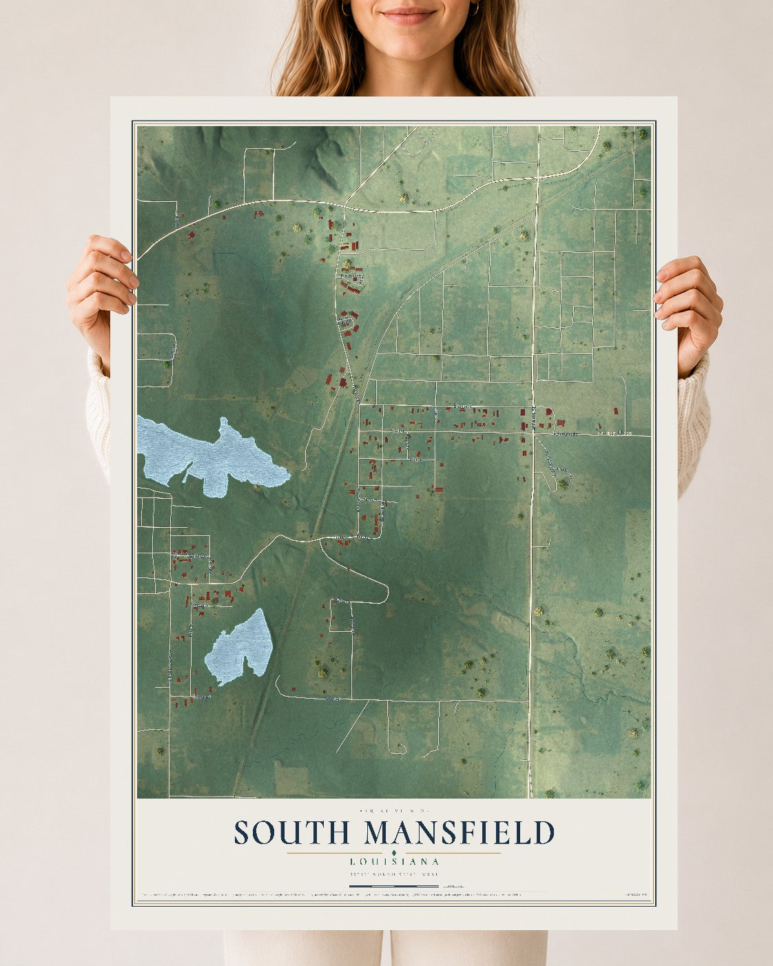 Map of South Mansfield, Louisiana, 24 x 36 inch unframed archival matte print