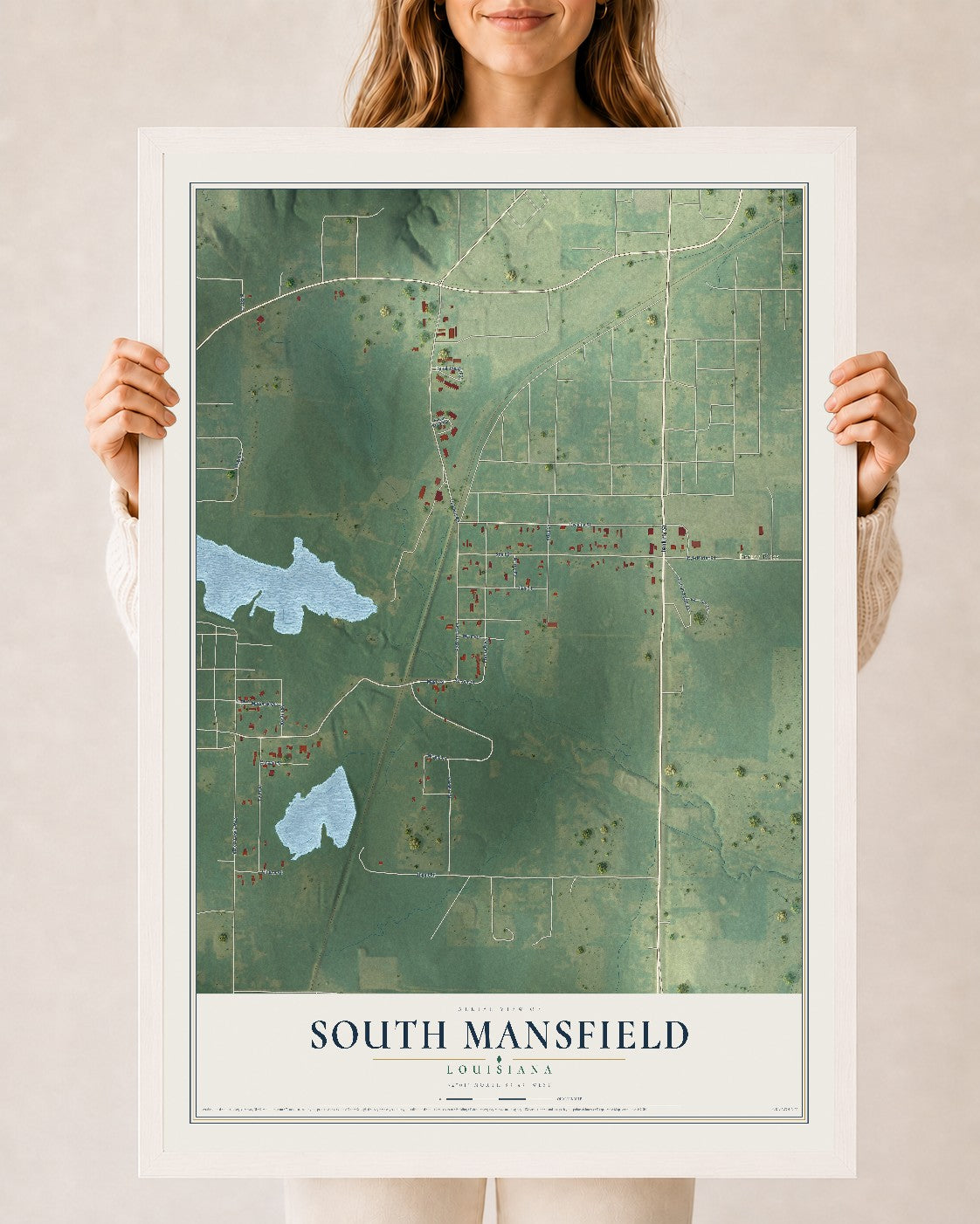 Map of South Mansfield, Louisiana, 24 x 36 inch print in a white wood frame