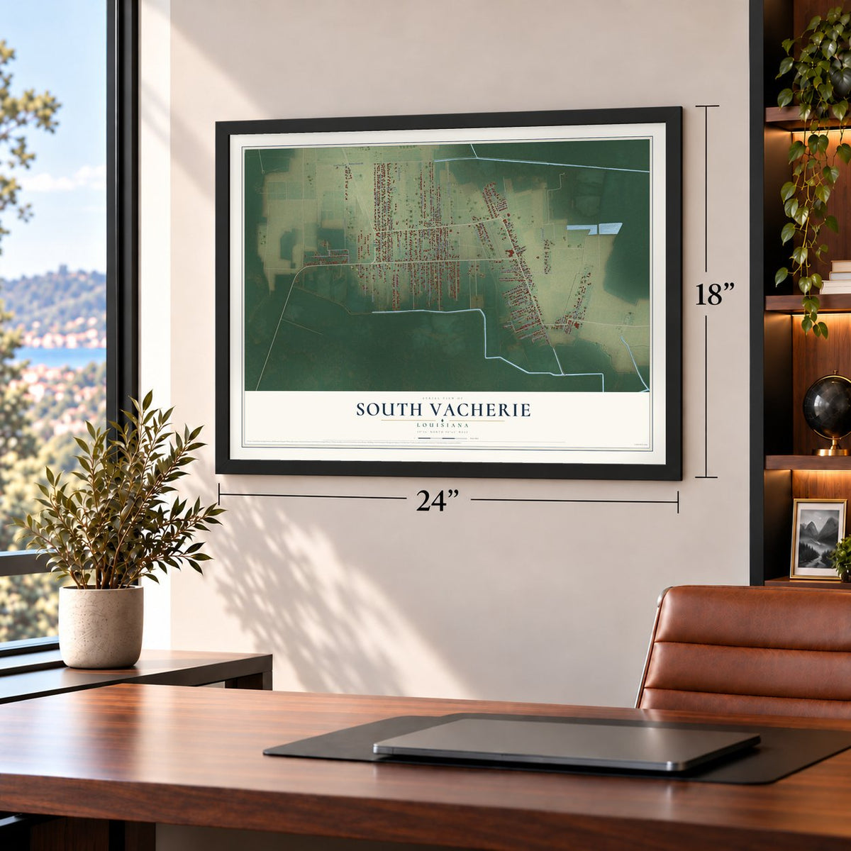 South Vacherie, Louisiana map, 18 x 24 inch print in a black frame in a home office