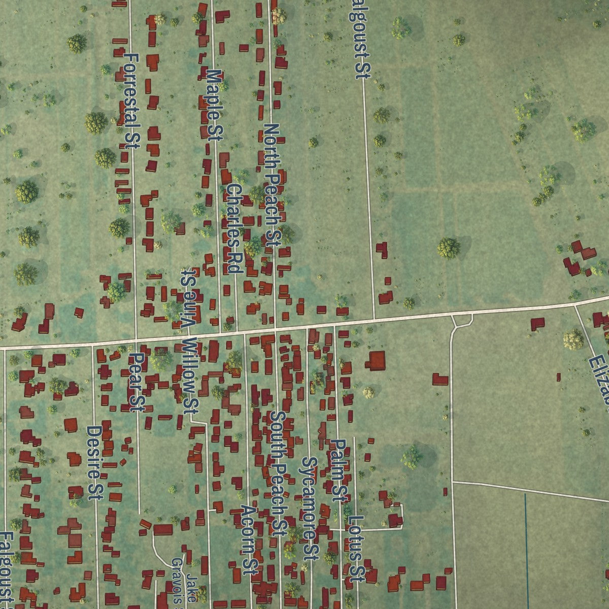 Close-up of the map of South Vacherie, Louisiana print showing street and building detail
