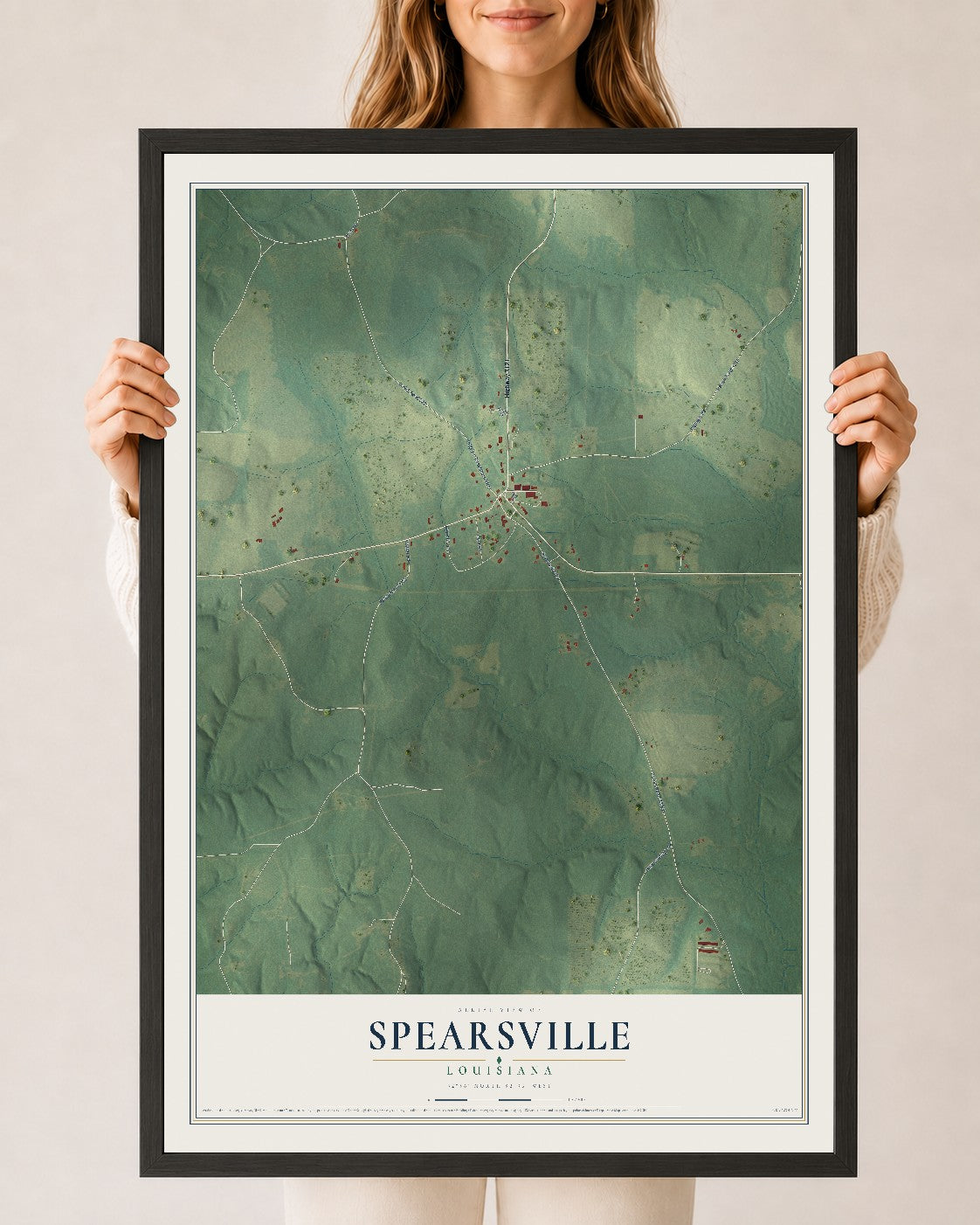 Map of Spearsville, Louisiana, 24 x 36 inch print in a black wood frame