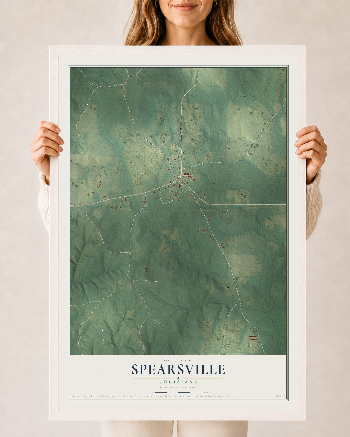 Map of Spearsville, Louisiana, 24 x 36 inch print in a white wood frame