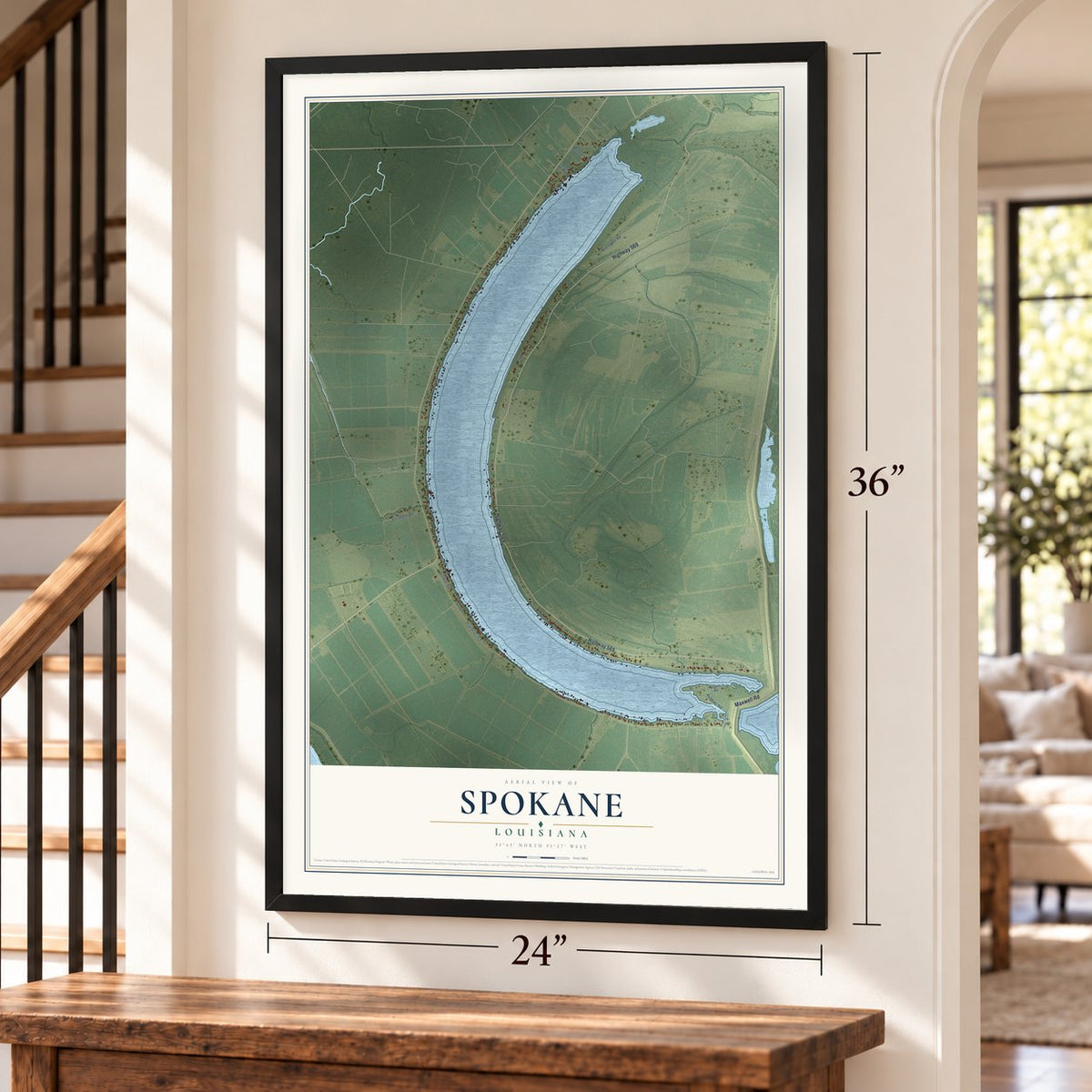 Spokane, Louisiana map, 24 x 36 inch print in a black frame by a staircase
