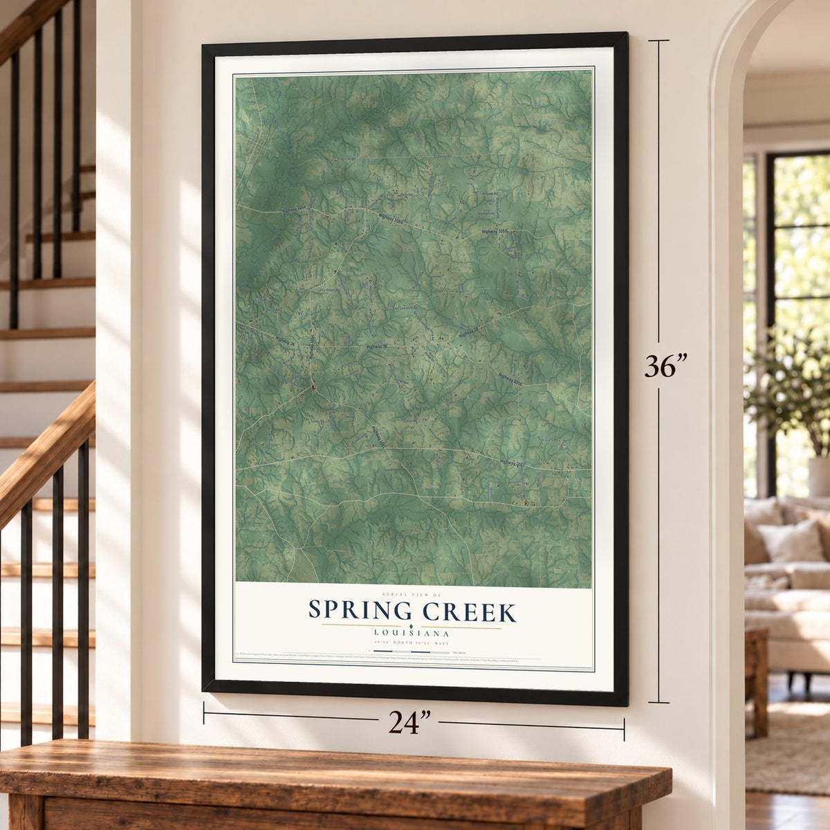 Spring Creek, Louisiana map, 24 x 36 inch print in a black frame by a staircase