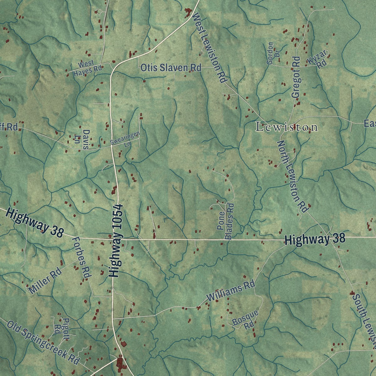 Close-up of the map of Spring Creek, Louisiana print showing street and building detail
