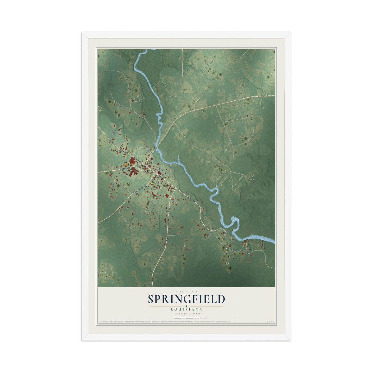 Map of Springfield, Louisiana, 12 x 18 inch print in a white wood frame