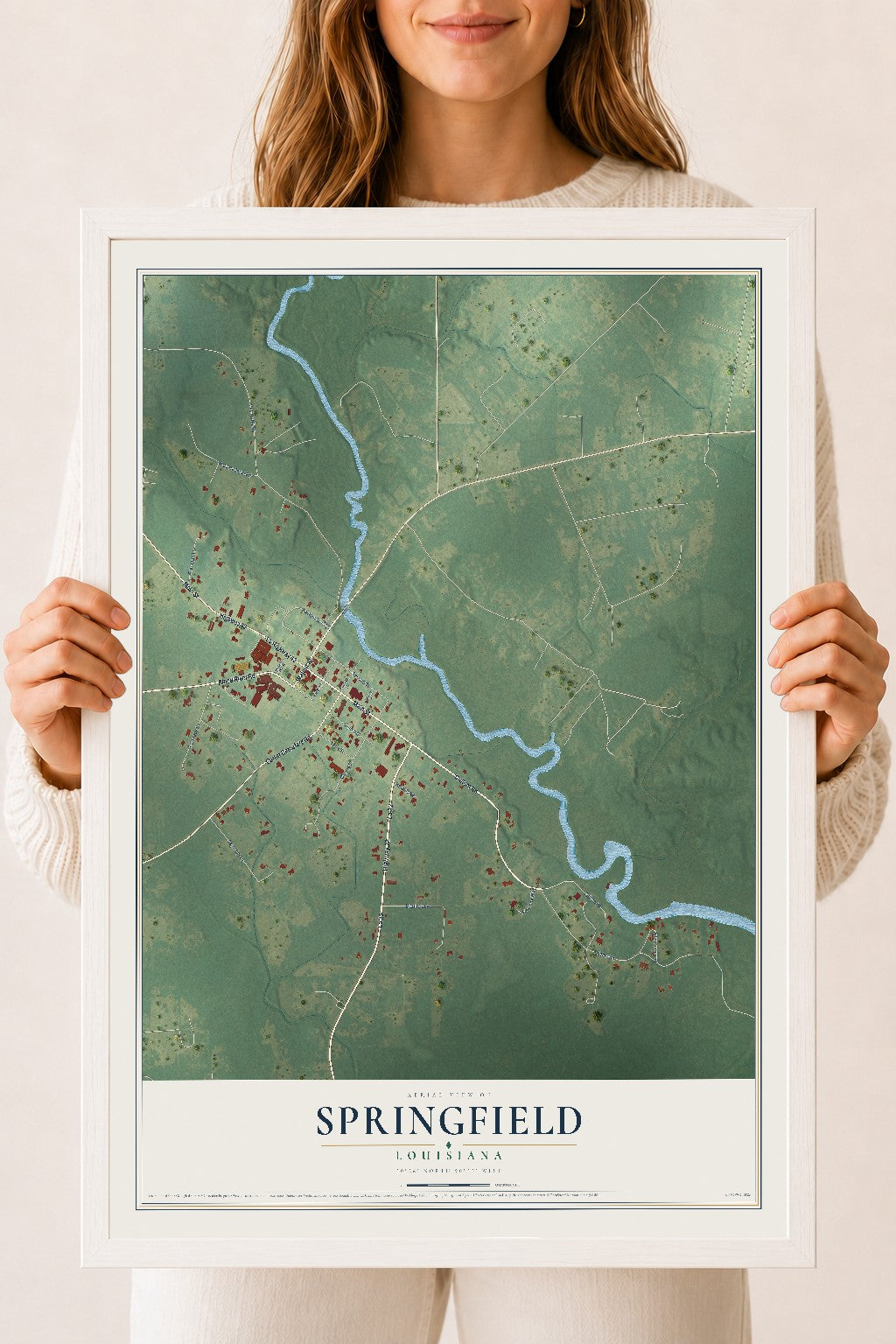 Map of Springfield, Louisiana, 18 x 24 inch print in a white wood frame