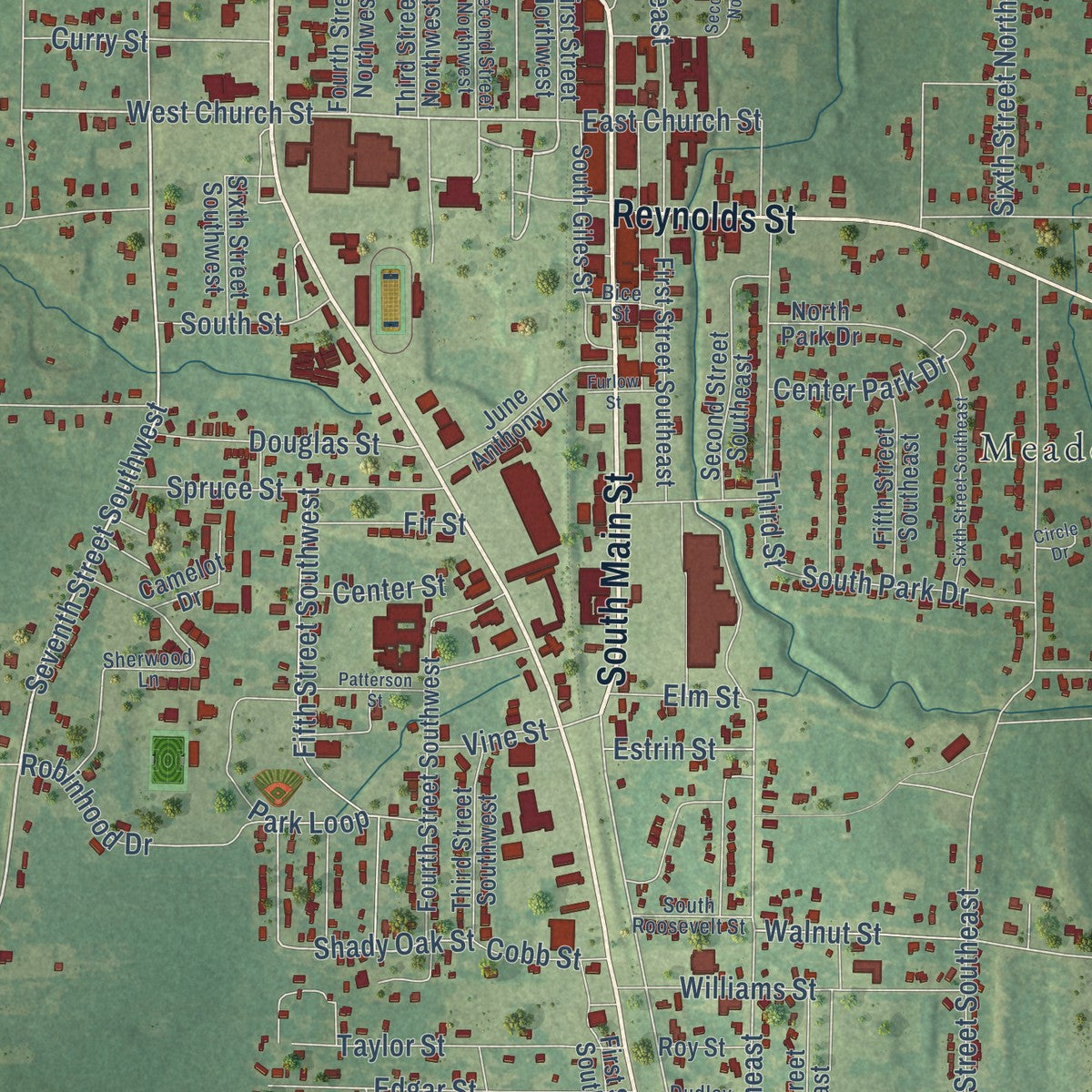 Close-up of the map of Springhill, Louisiana print showing street and building detail