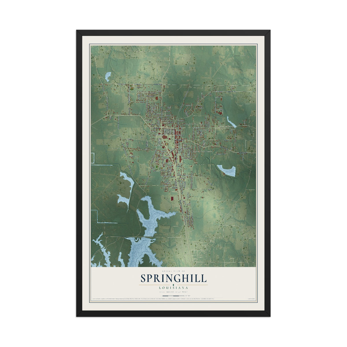 Map of Springhill, Louisiana, 12 x 18 inch print in a black wood frame