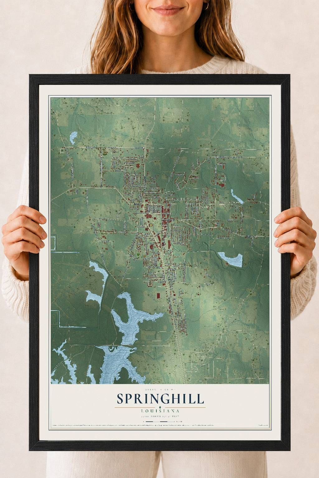 Map of Springhill, Louisiana, 18 x 24 inch print in a black wood frame