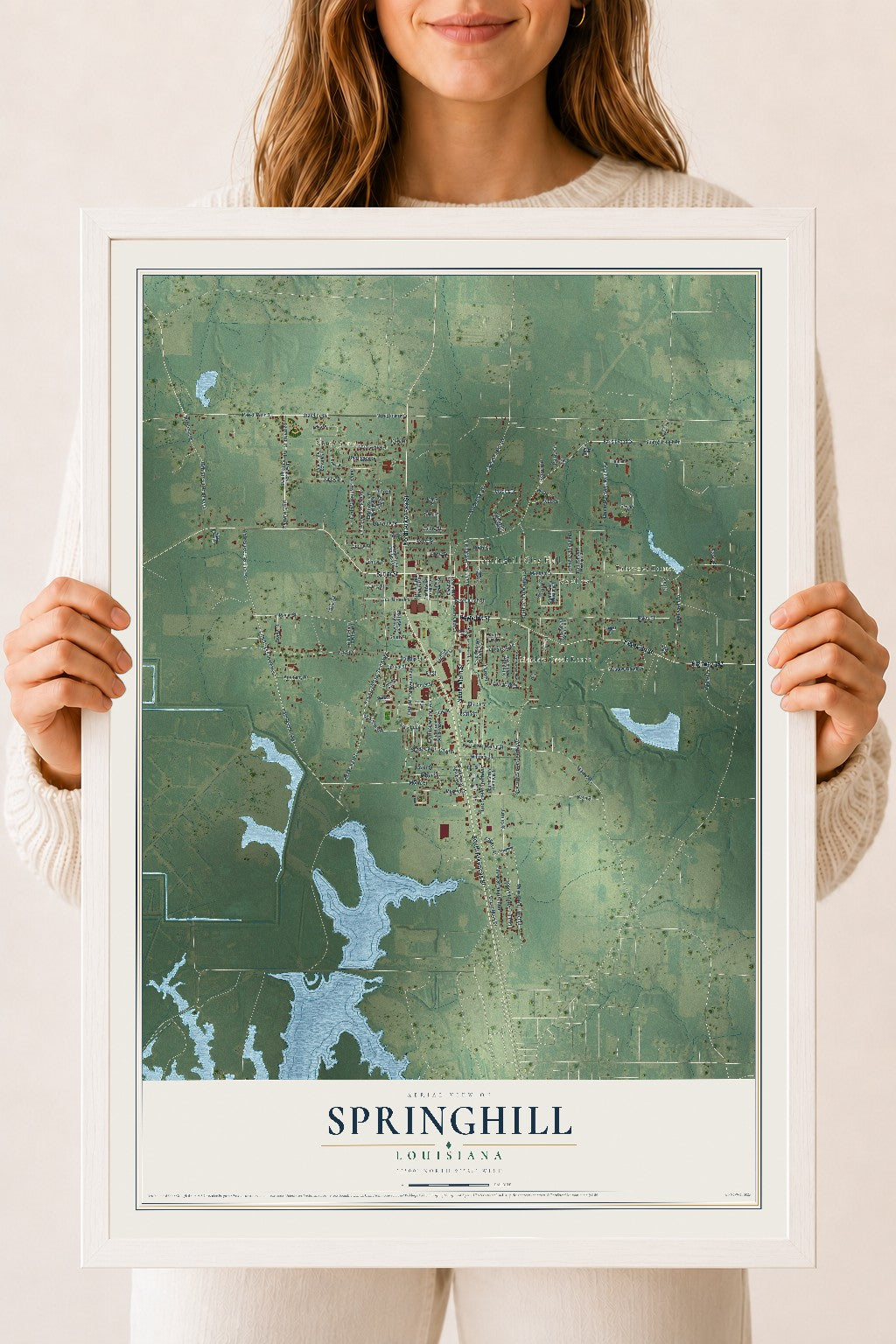 Map of Springhill, Louisiana, 18 x 24 inch print in a white wood frame