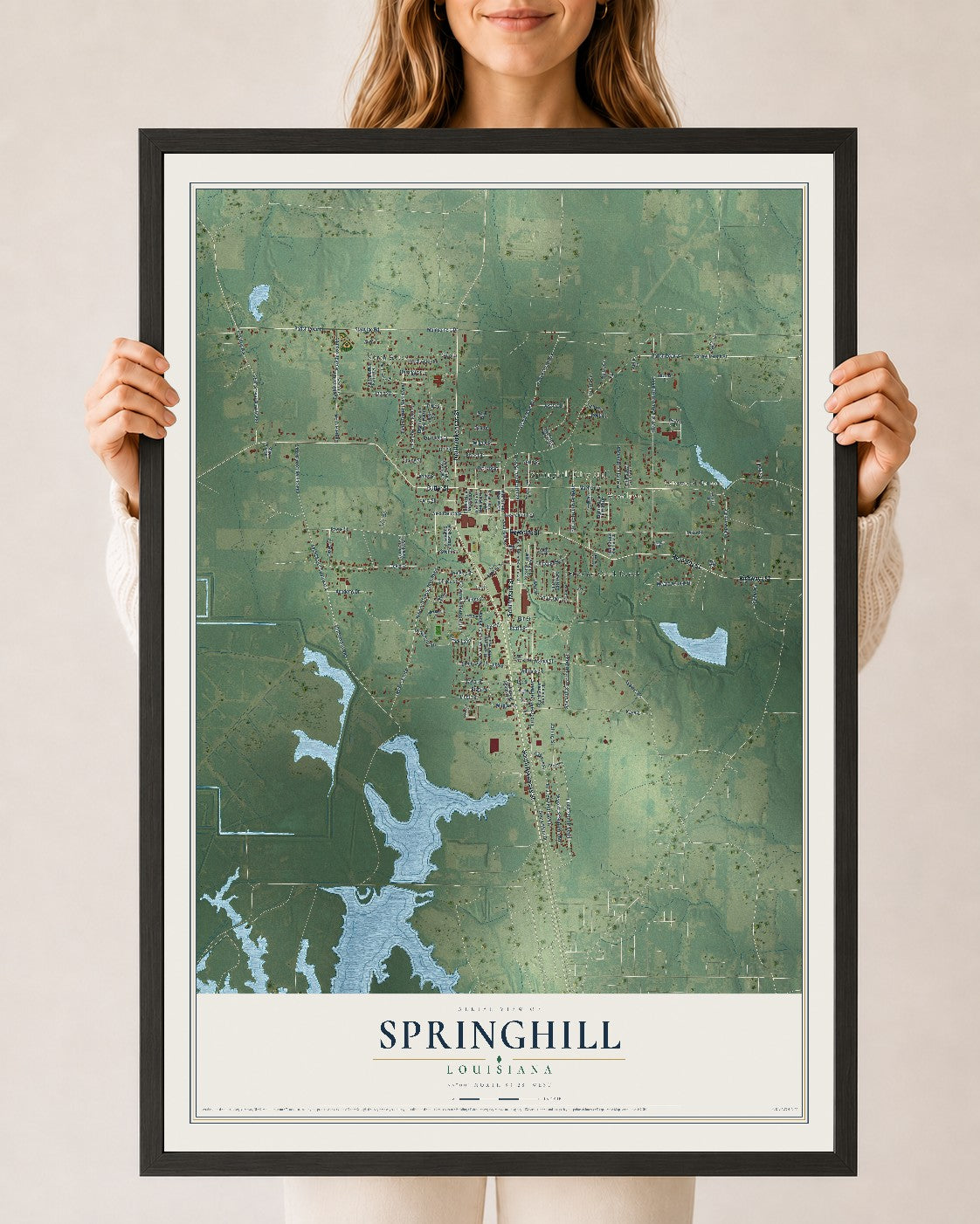 Map of Springhill, Louisiana, 24 x 36 inch print in a black wood frame