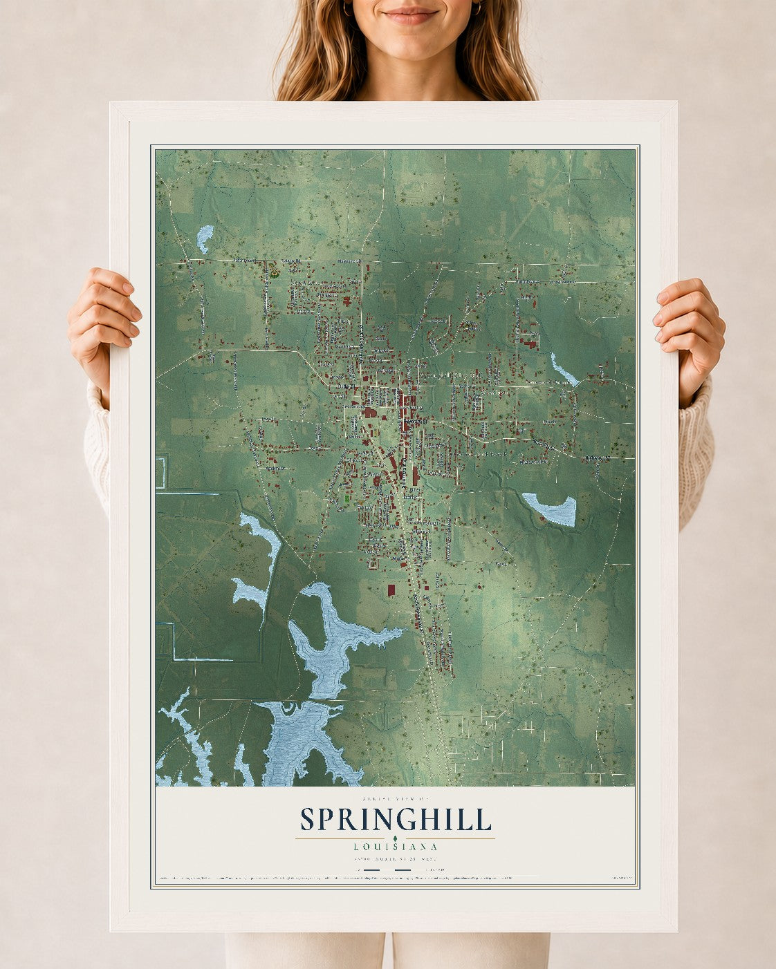 Map of Springhill, Louisiana, 24 x 36 inch print in a white wood frame