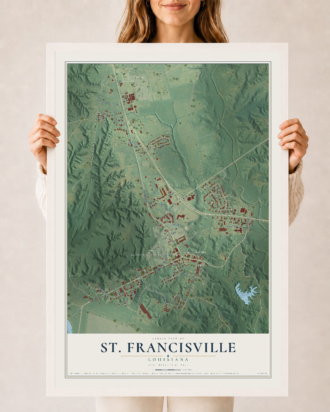 Map of St. Francisville, Louisiana, 24 x 36 inch print in a white wood frame