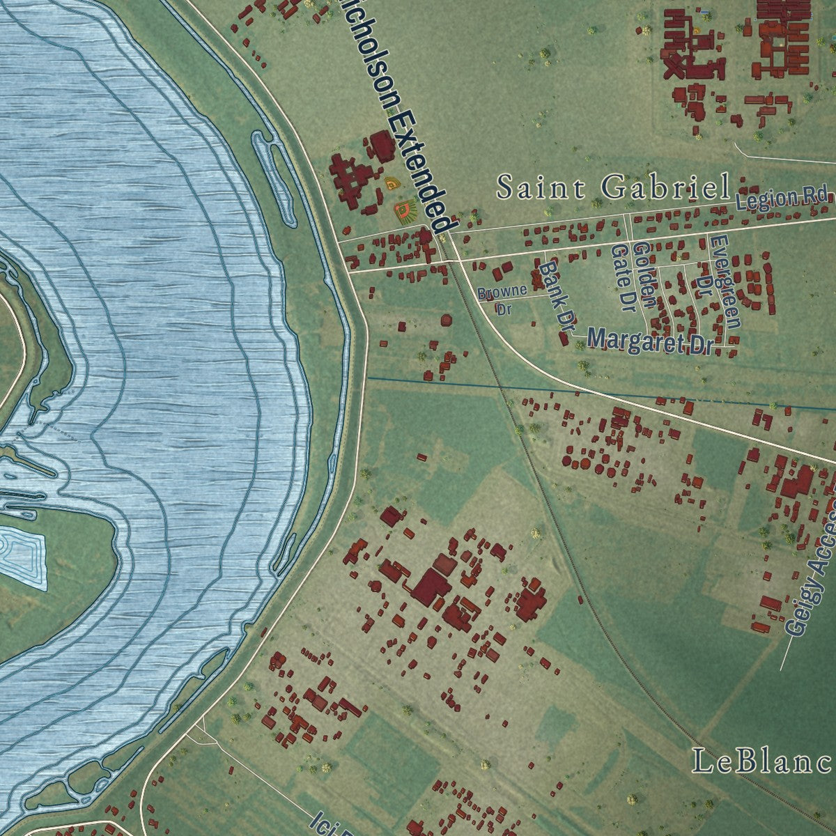 Close-up of the map of St. Gabriel, Louisiana print showing street and building detail