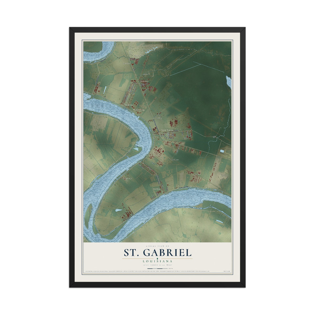 Map of St. Gabriel, Louisiana, 12 x 18 inch print in a black wood frame