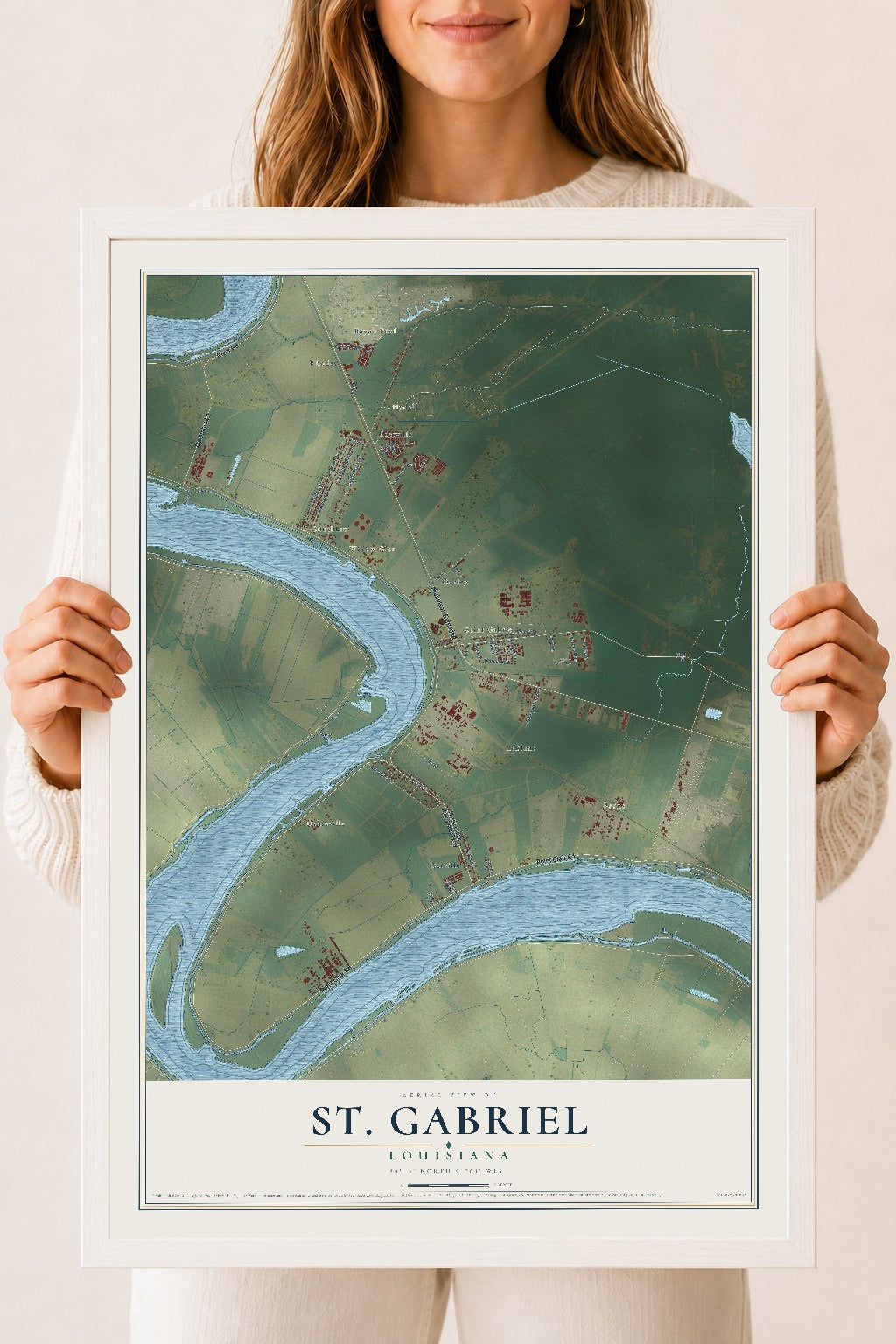 Map of St. Gabriel, Louisiana, 18 x 24 inch print in a white wood frame